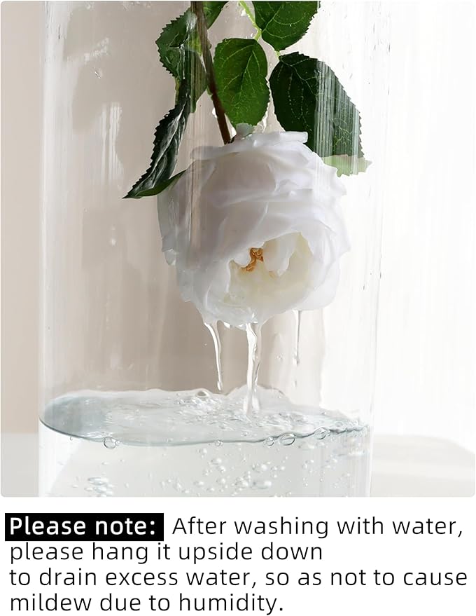 6Pcs Fake Austin Rose Peonies Flowers with Vase, Clear Glass Vase with White Real Touch Peonies Artificial Flowers Home Decor(White)
