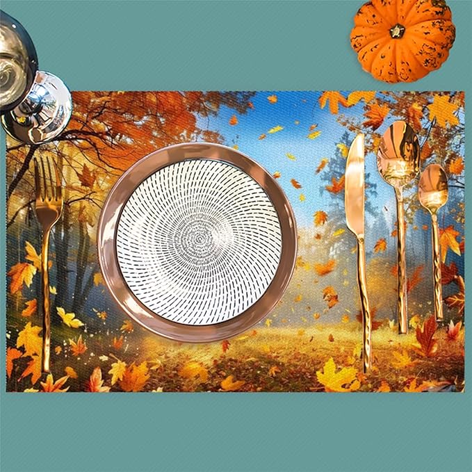 Forest Tree Fall Leaf Placemats Set of 6 PVC Vinyl Non Slip Table Mats Heat Resistant Place Mats Washable Wipeable Dining Table Mat for Kitchen Decor Party Indoor Outdoor Decorative Gift