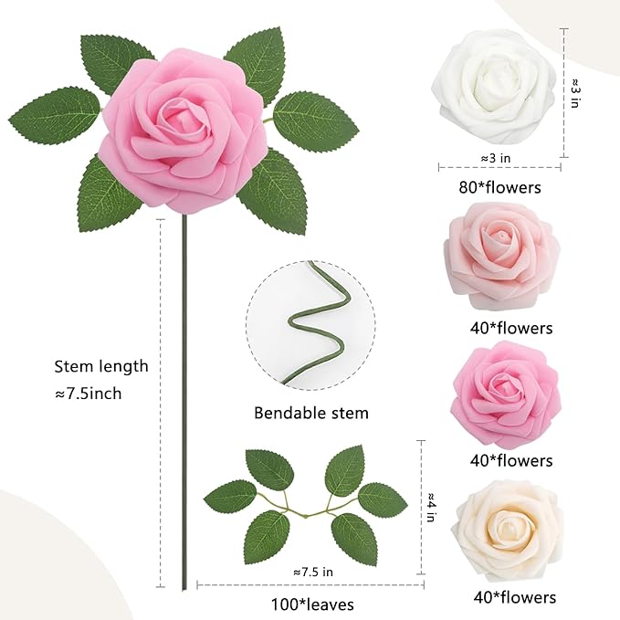 200PCS Pink Artificial Flowers Roses Real Looking Foam Fake Roses with Leaves for DIY Wedding Bouquets Bridal Shower Party Decorations (Pink Series, 200)