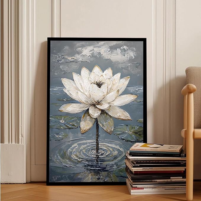 Stunning white lotus emerges from prismatic water with delicate petals background Serene aquatic wall art suitable for modern minimalist decor 12x18in Metal blackFramed
