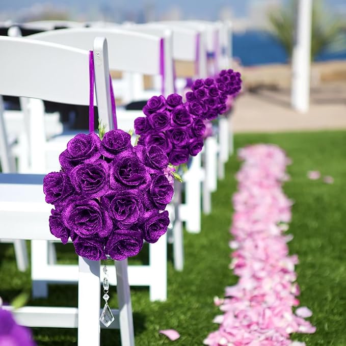 30PCS Purple Glitter Roses Artificial Flowers Faux Roses with Stems for DIY Crafts Wedding Bouquet Party Home Decor(Purple)