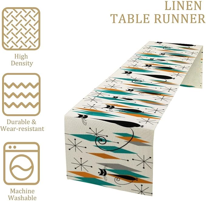 Mid Century Modern Black Cat Table Runner,Table Runners for Kitchen Dining Tables Decor Decoration for Kitchen Family Dinner Table Holiday Party Farmhouse 13 x 90 Inch