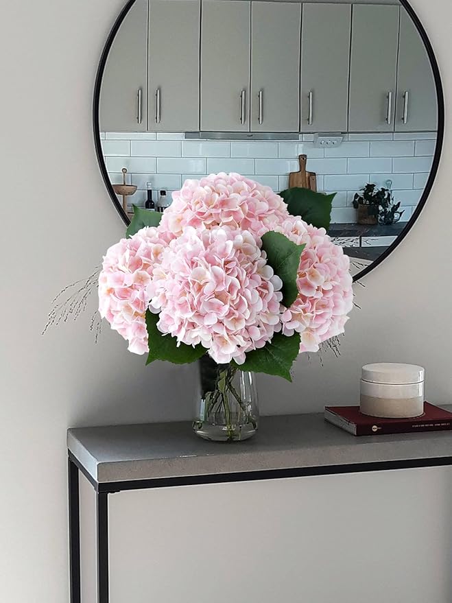 YalzoneMet 4Pcs Light Pink Silk Hydrangea Artificial Flower Big Blooms 20'' Long Stem Faux Hydrangea for Home Baby Shower Party Indoor Outdoor Wedding Table Centerpiece Spring Flower Decor