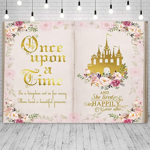 10x6.5ft Once Upon a Time Backdrop Fairy Tale Books Pink Floral Princess Castle Photography Background Romantic Wedding Birthday Party Banner Decorations Cake Table Decor