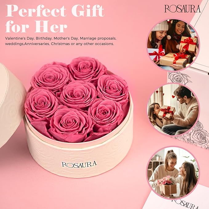 Rosaura Round Preserved Roses Gift Box - Real Forever Flowers for Christmas, Birthday, Valentine's & Mother's Day (Pink, 7 Roses)
