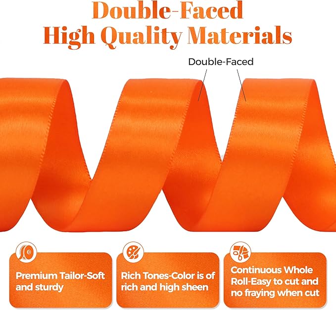 Premium Orange Polyester Satin Ribbon, Double Faced 7/8 Inch X 25 Yards, Perfect for Gift Wrapping, Crafts, Wedding Decor, Birthdays, Holidays