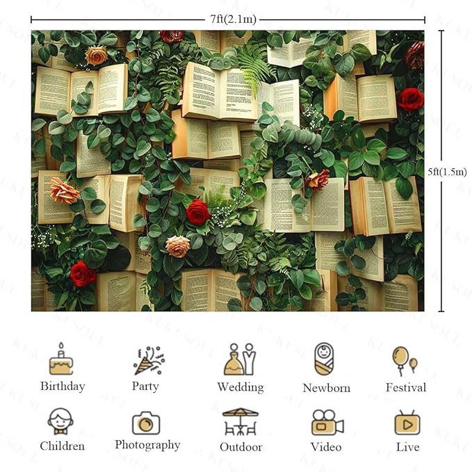 7x5FT Books Theme Photo Backdrop Books Red and Pink Rose Flowers Wall Floral Bridal Shower Backdrops Kids Birthday Girls Wedding Party Decoration Supplies Photo Booth Props KUBDJ976