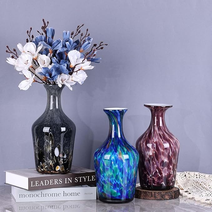 Hand Blown Glass Vase Plum – Murano Style Art Glass Vase with Wide Mouth for Flowers, Bubble Vase, Decorative Centerpiece for Dining Table, Coffee Table or Living Room Display (Purple)
