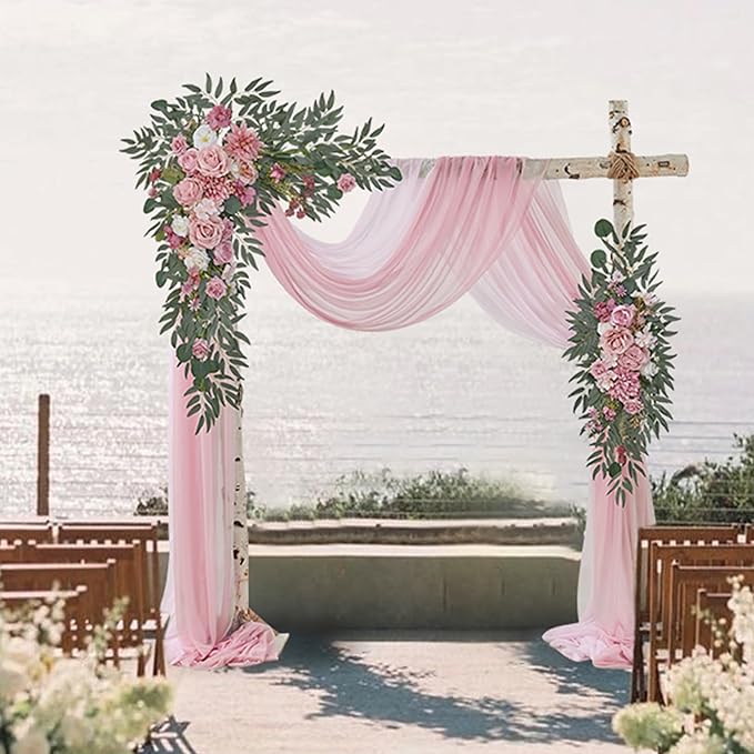 Wedding Arch Flowers with Drapes Kit (Pack of 4) - 2pcs Artificial Lilac Deluxe Swag with 2pcs Sheer Drapes for Wedding Ceremony Backdrop Rose Floral Decoration Arbor Reception