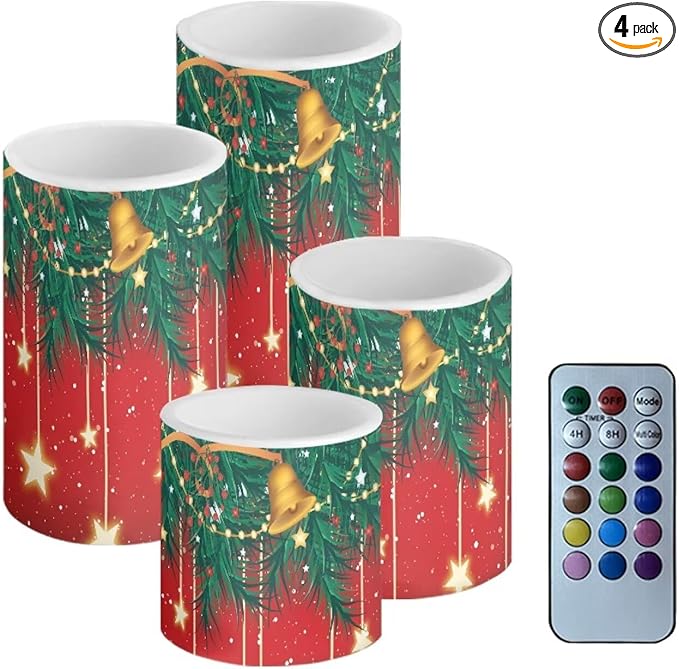 Set of 4 Flameless LED Candles with Battery Powered Pillar Candles Tealights with Remote Timer Color Changing Christmas Bulb Lights Red