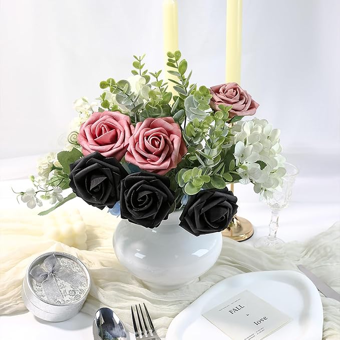 Meldel Artificial Flower 25pcs Real Touch Black Rose Fake Foam Roses with Stems for DIY Wedding Bouquets Gifts Bridal Shower Faux Floral Centerpieces Arrangements Home Party Tables Decorations