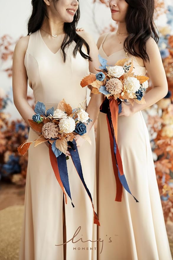 Ling's moment Artificial Flowers Orange & Navy Bridesmaid Bouquet Set of 6, Orange Wedding Flowers Bouquets for Bridesmaids, 7 Inch Bridal Bouquets for Bridesmaids, Wedding, Decor, etc