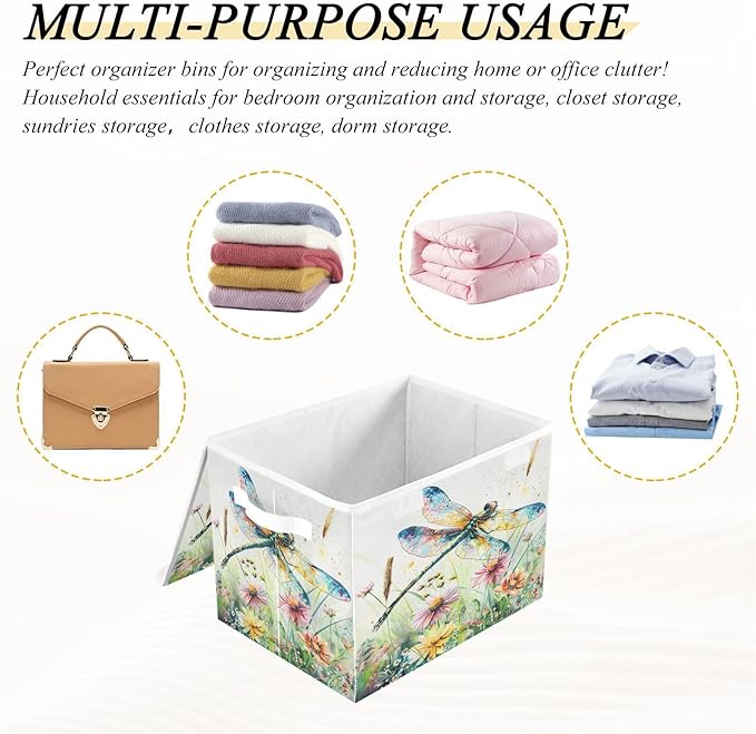 senya Baskets Collapsible Storage Bins with Lids, Dragonfly Wildflowers Painting Storage Boxes Clothes Baskets for Organizing, B06D22020