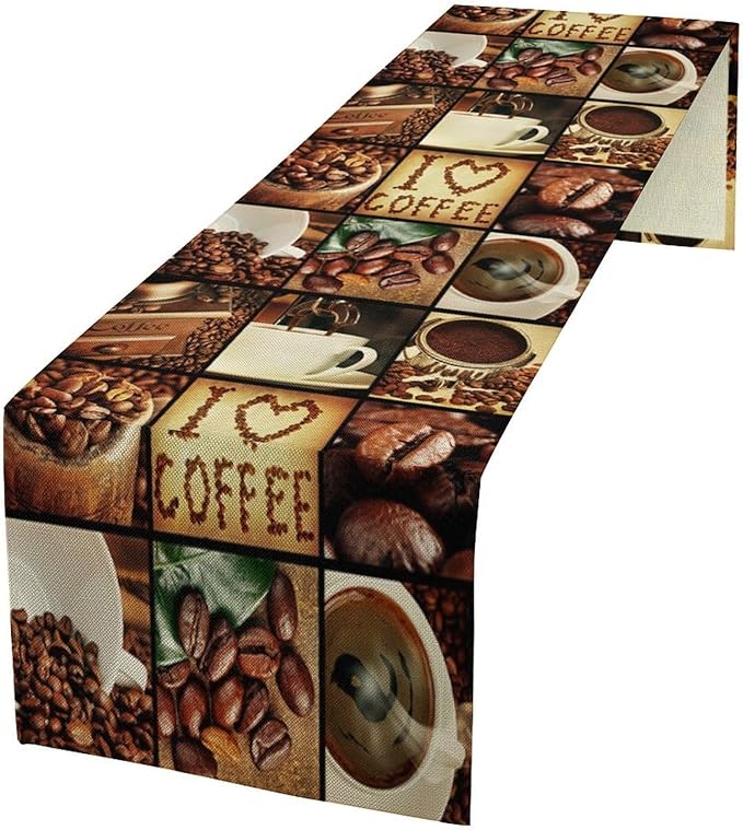 Vintage Coffee Theme Table Runner Happy Coffee Time Beans Dinner Runner Table Decoration for Farmhouse Cabin Home Kitchen Dining Holiday Party 13x108in