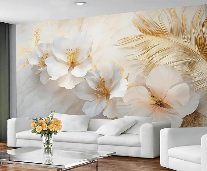 White Flowers Marble Wall Mural, Luxury Floral 3D Wall Murals, Elegant Gold Leaf Design Wallpaper Mural, for Living Room Bedroom Large Wallpaper Indoor Decor 98.4" W x68.9 H