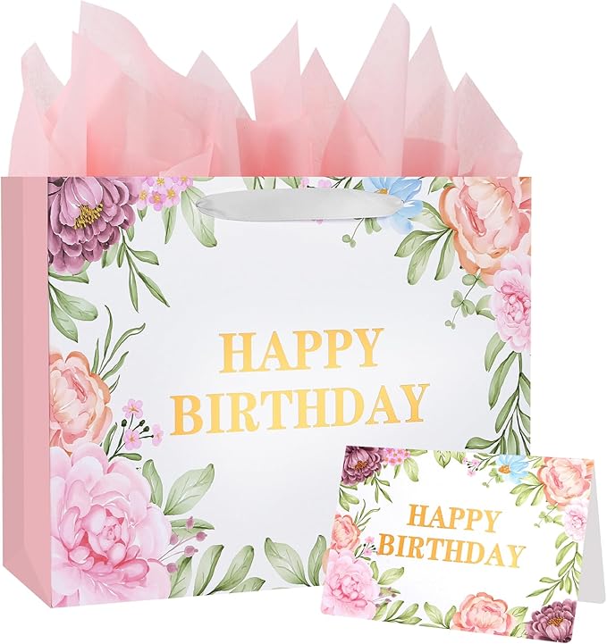 ASYEHJNR 13" Large Size Happy Birthday Gift Bag Metallic Gold Happy Birthday Sign with Floral Peony Flower Pattern Retro Gift Bag with Greeting Card and Tissue Paper and Handle for Girls Women Bday