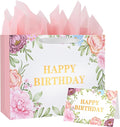ASYEHJNR 13" Large Size Happy Birthday Gift Bag Metallic Gold Happy Birthday Sign with Floral Peony Flower Pattern Retro Gift Bag with Greeting Card and Tissue Paper and Handle for Girls Women Bday