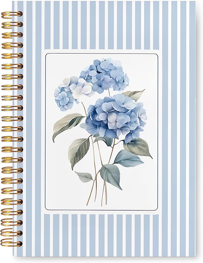 VIIJJUE Blue Hydrangea Stripe Notebook Journal, Hydrangea Gifts, Blue Notebook Office Supplies, Hardcover Spiral Journal 5.5x8.3 Inch