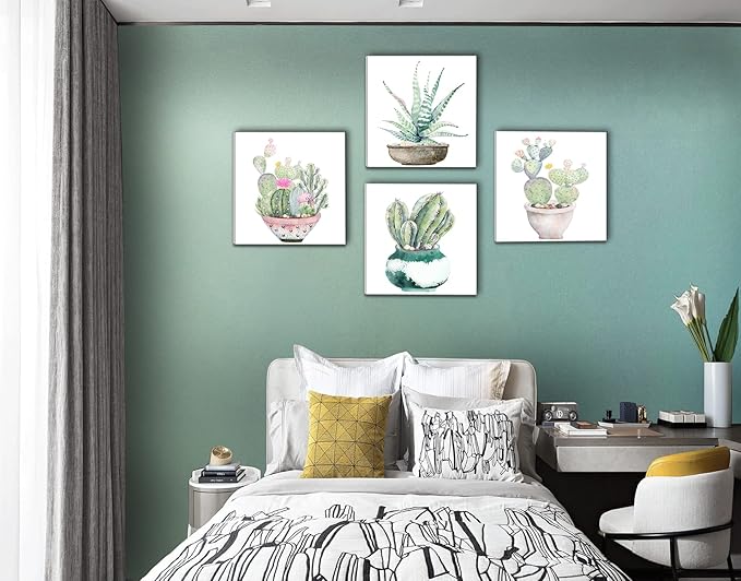 Succulent Bathroom Decor Cactus Canvas Wall Art, Green Botanical Pictures Print, Watercolor Plant Paintings Artwork for Bedroom Living room Office Decoration - 12" X 12"