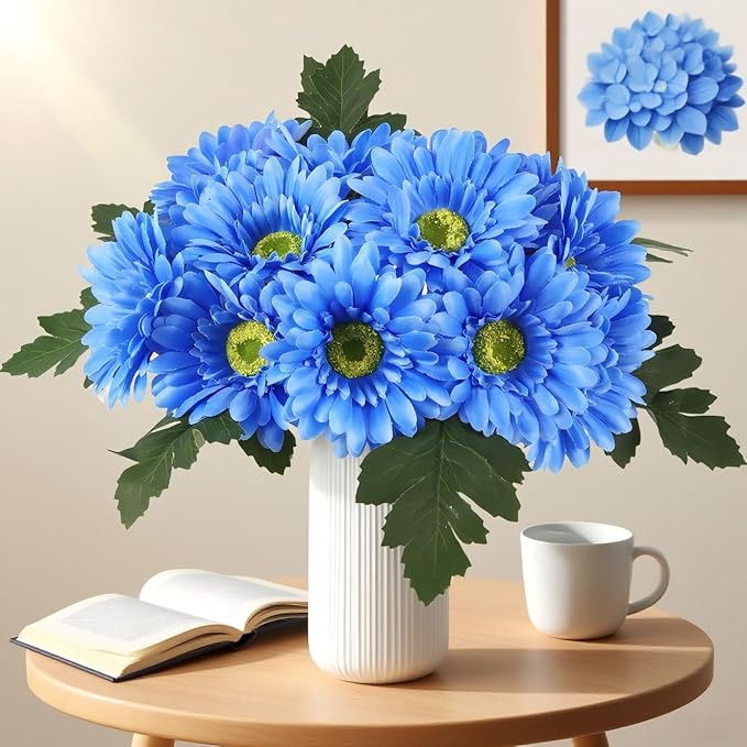 IPOPU 2 Bundles Artificial Gerbera Daisy Flowers 14 Heads Blue Fake Daisy with Stems Faux Silk Daisy Flowers for Wedding Bridal Bouquet Party Floral Arrangements Table Centerpiece Decor (Blue)
