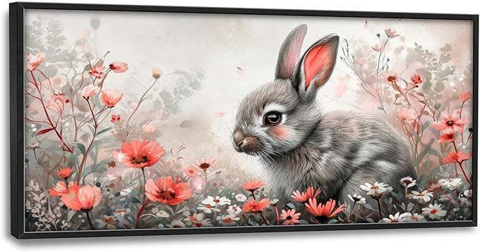 Framed Large Pictures Wall Art for Living Room, Rabbit Bunny Oversized Wall Decor Animal Floral Canvas Print Painting Modern Extra Large Framed Artwork for Bedroom Office 60"x30"