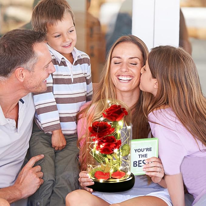 Christmas Rose Gifts for Her,Beauty and The Beast Rose Flowers 40 LED Lights Rose in Glass Dome,Woman Gifts for Christmas,Christma Ornaments Artificial Flower Rose Gift Romantic Gifts for Women