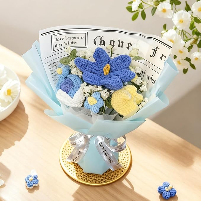 Crochet Flower Bouquet Blue Knitted Flowers Tulips and Blue Roses Daisies Handmade Crochet Flowers Knitted Bouquet Home Decor, Anniversary, Birthday Gift，Mother's Day Graduation Gifts(blue)
