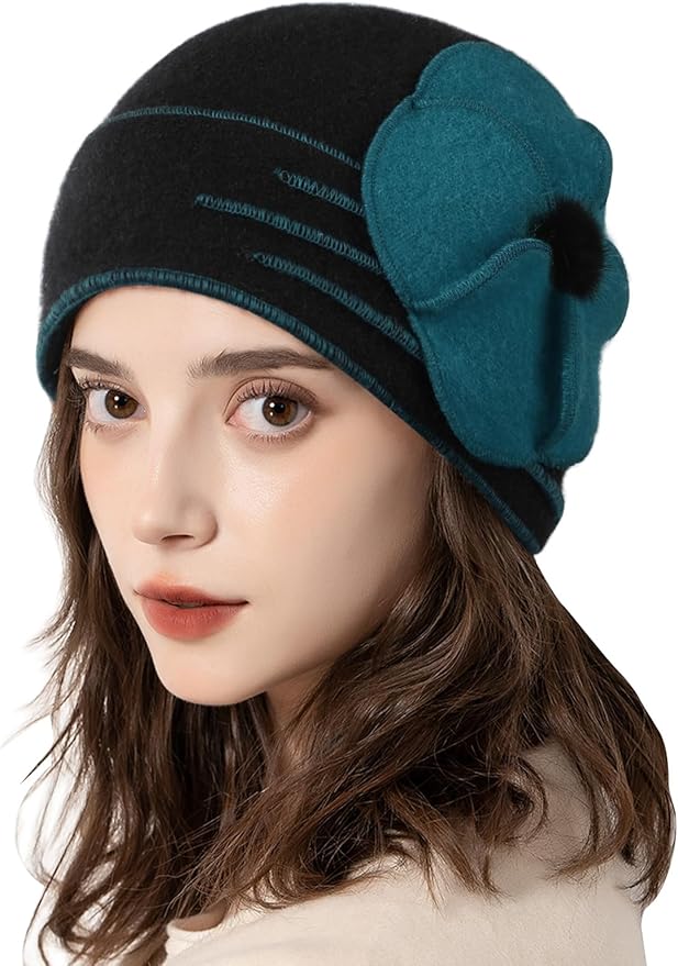Sumolux Beanie Hats for Women Wool Skull Cap Beret Floral Cuffed French Vintage Dress Cloche Classic Winter 1920s