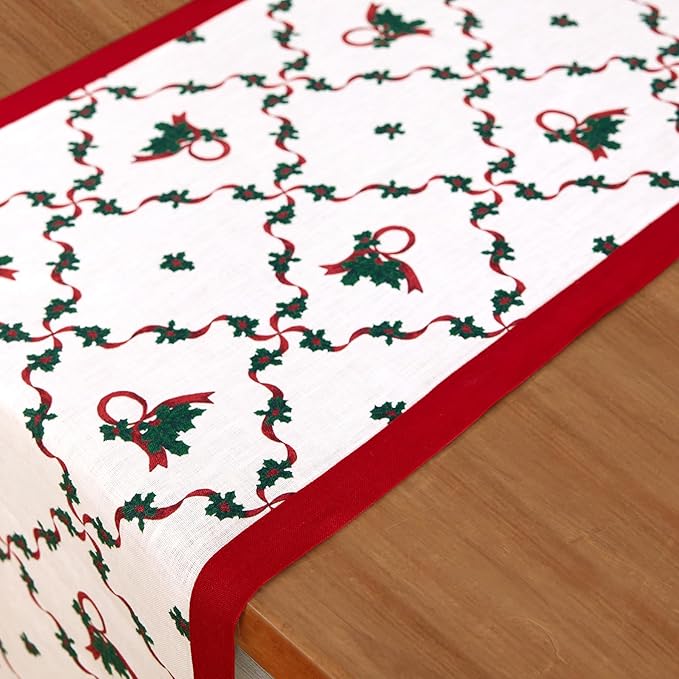 Solino Home 100% Pure Linen Christmas Table Runner 90 Inches Long - Red and Green Table Runner 14 x 90 Inch - Handcrafted and Machine Washable - Holly Ribbon Print