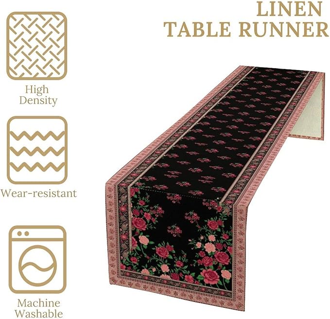 Romantic Rose Table Runner, Black Red Floral Blossoms Farmhouse Rustic Decor Table Runner for Kitchen Dining Home Party Wedding, 13x36 Inch
