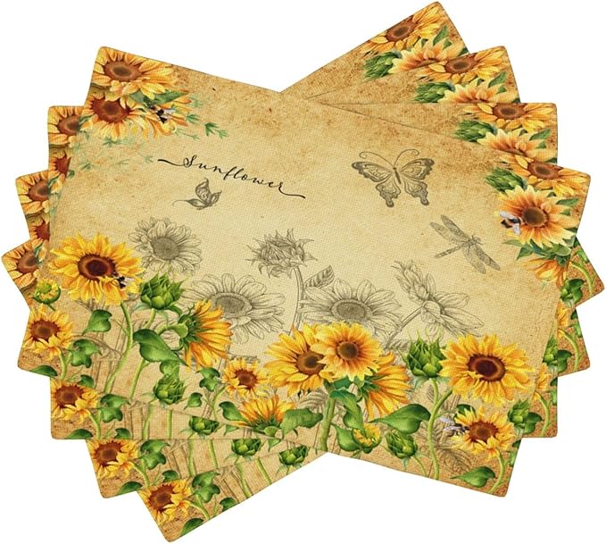 Sunflower Placemats, Rural Vintage Old Watercolour Sunflower Butterfly Flower Bee Print Washable Fabric Placemats Table Kitchen Dining Party 12x18 Inch Set of 6