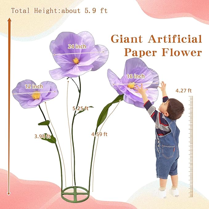5.9 Ft Large Paper Artificial Flowers,Giant Flowers for Decoration,Standing Huge Handcrafted Poppy Flowers for Garden,Hotel,Office,Photography Props,Wedding,Art Gallery,Shop Window Display(Purple)