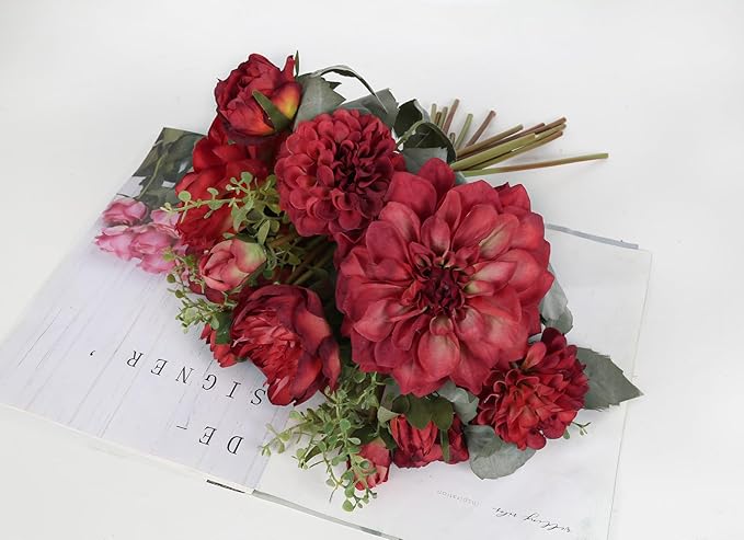 Peonies Artificial Flowers 2 Bouquets Red Dahlia with Peonies 18stems Silk Peonies Flowers with Stems Real Look Fake Dahlia Peonies Flowers Artificial for Decoration for Wedding Bouquet (Red)