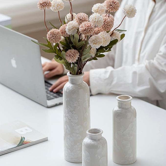 Modern Ceramic Vase Set of 3, White Crystalline Glaze Colors, Decorative Bottles for Home, Farmhouse Rustic Decor (Crystalline Glaze White)