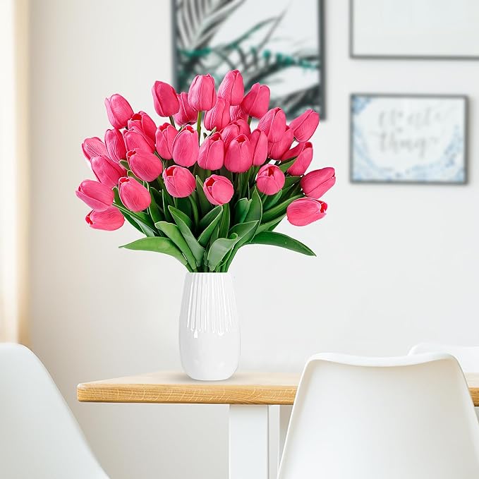Sggvecsy 15 Pcs Fake Tulips Artificial Flowers Real Touch PU Faux Flowers Tulip Stems for Wedding Spring Bouquet Floral Arrangement Home Party Office Decorations for Mother's Day (Dark Pink)