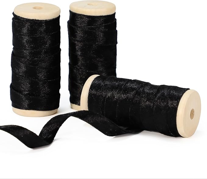 Black Velvet Ribbon Double-Sided Handmade Glossy Fabric Trim Wooden Spool Thin Ribbons for Christmas Tree Gift Wrapping Crafts Wedding Flower Bouquet 3/8 inch x 5YD 3 Rolls