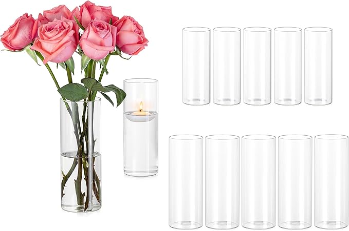Hewory Glass Cylinder Vases for Centerpieces: Set of 12 Clear Skinny Hurricane Vases for Wedding Baby Shower Table Birthday Party Decorations - Tall Candle Holders for Floating Candle Flower Bouquet
