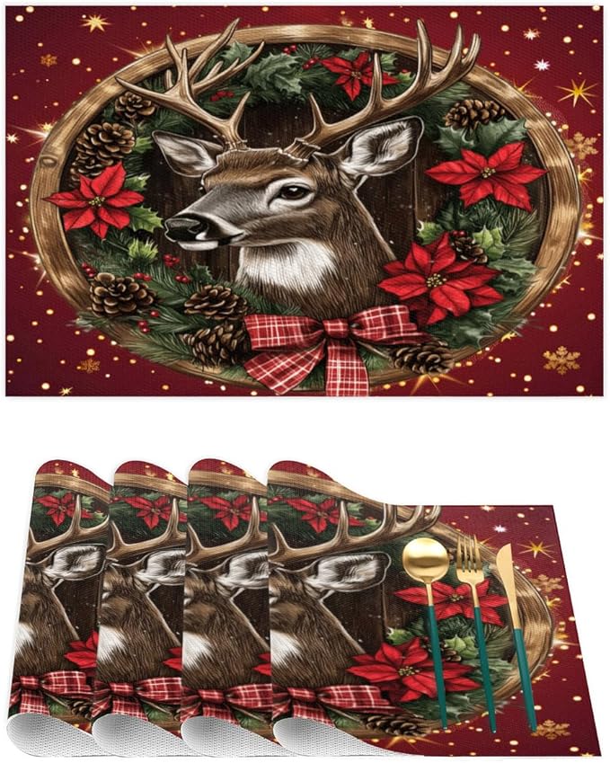 Xmas Christmas Reindeer Poinsettia Red Placemats Set of 4 PVC Vinyl Non Slip Table Mats Heat Resistant Place Mats Washable Wipeable Dining Table Mat for Kitchen Party Indoor Outdoor Decorative Gift