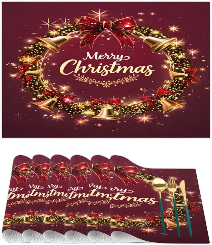 Xmas Christmas Bells Red Placemats Set of 4 PVC Vinyl Non Slip Table Mats Heat Resistant Place Mats Washable Wipeable Dining Table Mat for Kitchen Decor Party Indoor Outdoor Decorative Gift