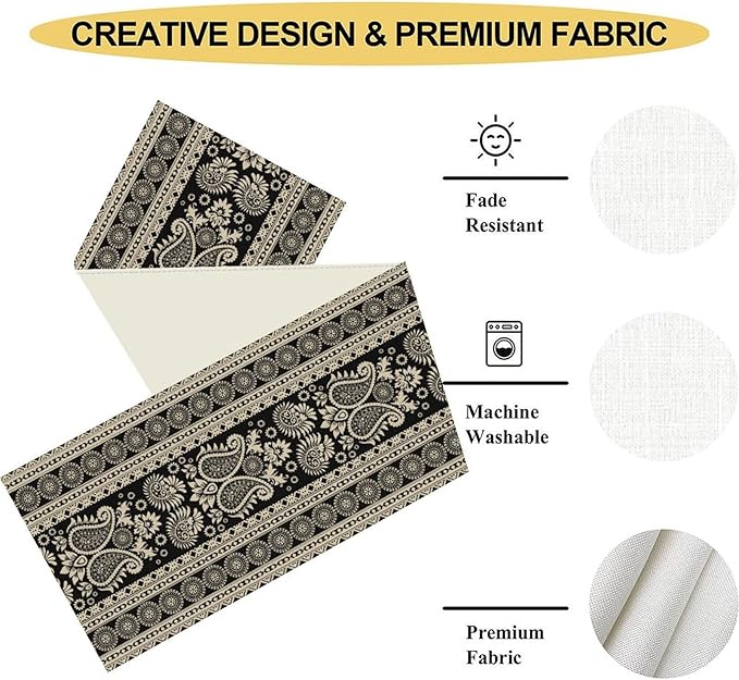 Vintage Paisley Table Runner, Retro Damask Vintage Boho Farmhouse Rustic Table Center Decor for Home Kitchen Dining Patio Holiday Party Indoor Outdoor Table Decorations 13x108 inch