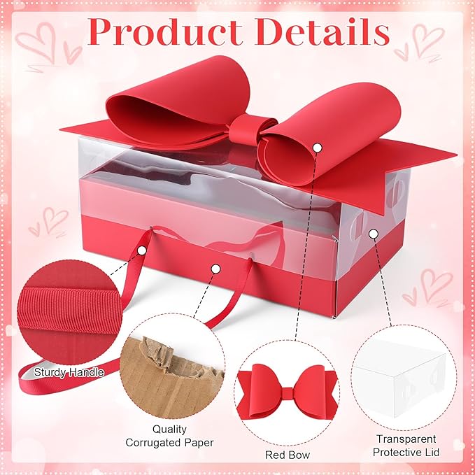 AceOrbit 3 Set Flower Gift Box with Bow Paper Empty Large Red Gift Baskets with Lid and Handle Squared Cardboard Fillable Present Chocolate Packaging for Christmas Valentine Birthdays Bridal Wedding