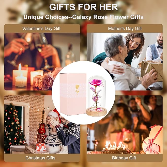 Beferr Mom Birthday Gifts for Women, Galaxy Glass Rose Forever Preserved Flowers for Delivery Prime Light Up Rose in Glass Dome Christmas Rose Gifts for Her Wife Daughter Friends, Pink