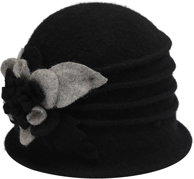 ZLYC Women Wool Cloche Bucket Hat 1920s Vintage Dress Winter Hats with Flower Accent