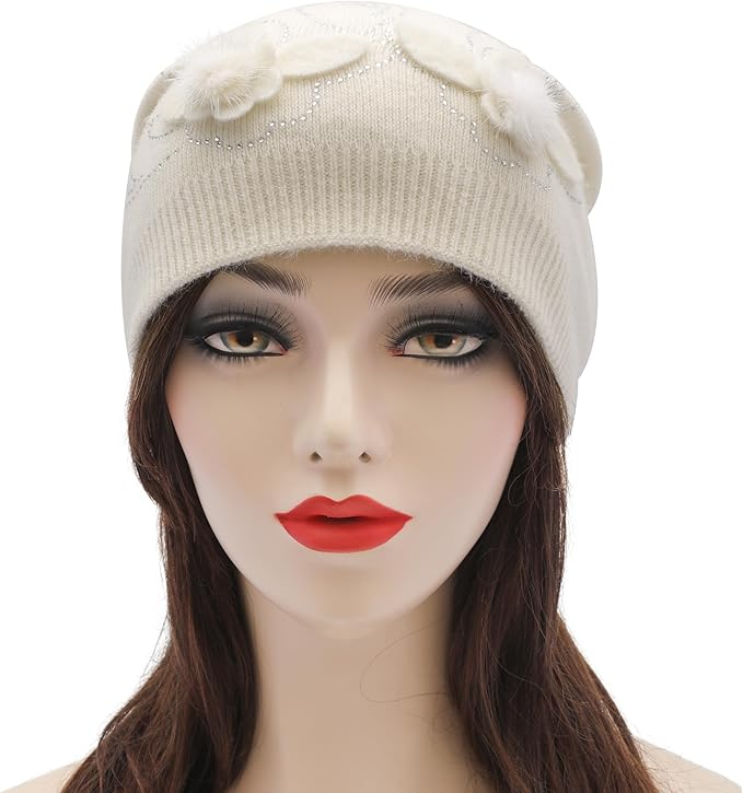 ZLYC Women Floral Slouchy Beanie Hat Double Layer Winter Knit Skull Cap