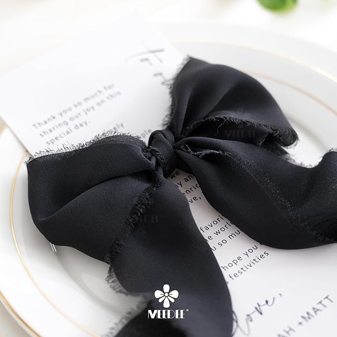 MEEDEE Black Chiffon Ribbon 3 Inch Frayed Ribbon Chiffon Silk Ribbons Black Fringe Wide Chiffon Ribbons for Crafts, Flower Bouquet, Wedding Favors Wrapping (2 Rolls 10 Yards)