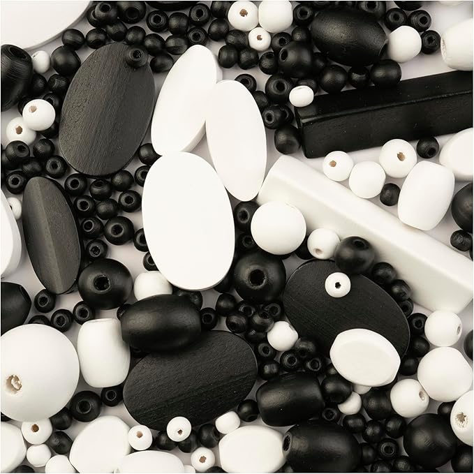 John Bead 90g Craft Beads White and Black Wood Beads with Elastic Nylon Cord