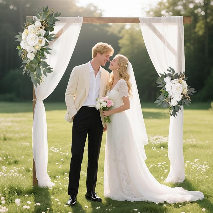 Wedding Arch Flowers, 2 Pack Floral Swag for Wedding Welcome Sign Decorations, Artificial White Roses Greenery Garland for Ceremony and Reception Backdrop Decor