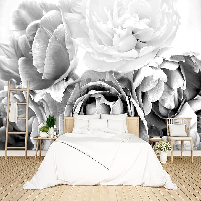 Grey Peony Floral Wallpaper Bedroom Black and White Flowers murals Aesthetic Room Decor Living Room tv Background Large Wall Mural - 183"x120" Not Peel and Stick