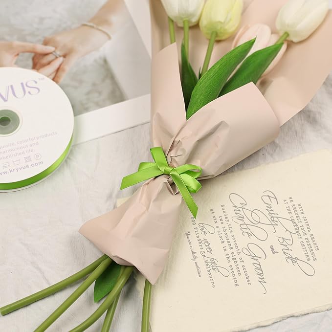 Apple Green Satin Ribbon, Double Faced 3/8 Inch X 50 Yards Apple Green Ribbon, Solid Color Fabric Rolls for Gift Wrapping, Crafts, Hair Bow Making, Sewing, Flower Bouquet, Wedding Party Decor