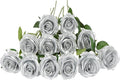 12 PCS Artificial Flowers Silver Roses, Silk Flowers Fake Long Stem Artificial Roses for Home Wedding Bathroom Kitchen Decorations (Silver)